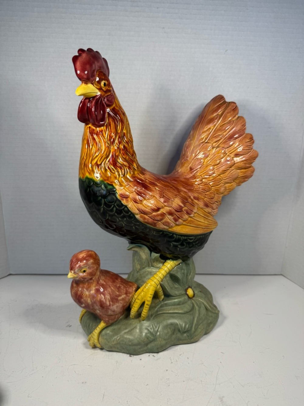 vintage Atlantic Mold ceramic rooster and chick figurine,
Italian in style